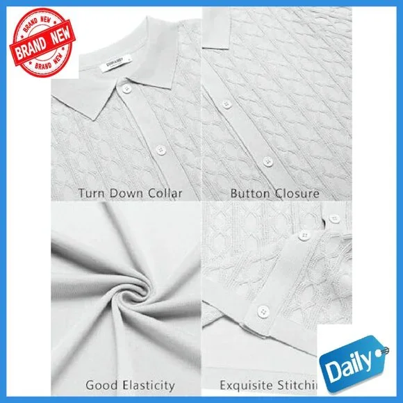 Men's Knit Short Sleeve Button Down Polo Shirt Vintage Cable Casual - Picture 6 of 8